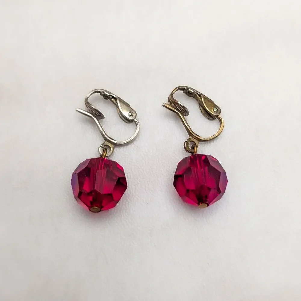 Vintage Clip On Earrings Red Faceted Dangle with Iridescent Finish